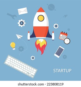 Vector concept of new business project start-up development and launch a new innovation product on a market.