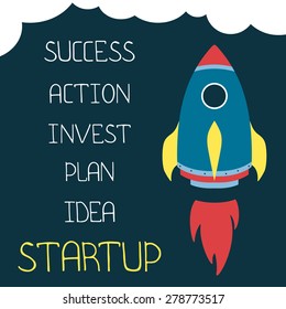 Vector concept of new business startup, flat design rocket and handwritten plan.