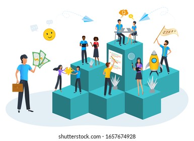 Vector concept of new startup business strategy, career, communication, teamwork. Project task management and planning. Team at work. Business people collaboration. Agile software development process