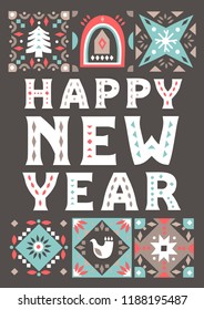 Vector concept of New Year card with patterned squares and lettering on a black background.