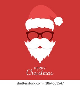 Vector concept of New Year holiday card. Cap, glasses, mustache and beard of Santa Claus on a red background. Merry Christmas and a Happy New Year. EPS 10.