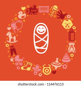 Vector concept for newborn greeting card - kid icons - toys and clothes