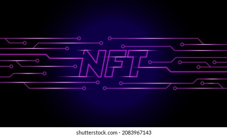 vector concept of NFT non-fungible tokens text in the center of neon line pcb network glowing in dark background.