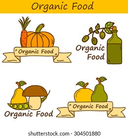 Vector concept with objects in hand drawn cartoon style: fresh vegetables and fruits, olive oil, mushroom for your design