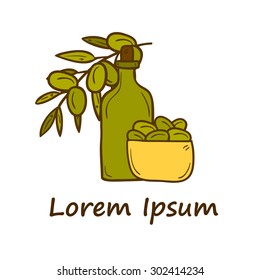 Vector concept with olive oil bottle and bowl of olives. You can use it for logo or badge in your design