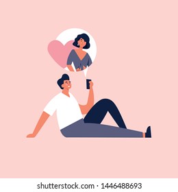 Vector concept on online dating application, flat design. Young man holding mobile device and chatting with his girlfriend
