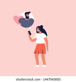Vector concept on online dating application, flat design. Young girl holding mobile device and chatting with her boyfriend