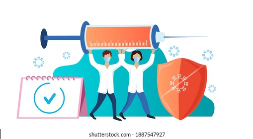Vector concept on the topic of vaccination. Vaccination calendar, shield, small doctors carry a syringe with the vaccine.