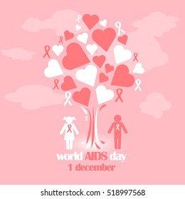 Vector concept on World AIDS Day. The emblem of the people who are standing under a tree with red ribbons and hearts. Support and awareness about AIDS. Vector background.