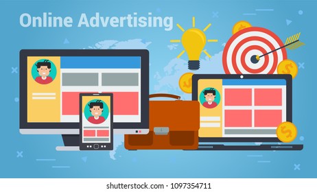 Vector concept of Online advertising. Account in internet, portfolio, man avatar and money in flat on blue background