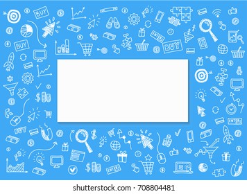 Vector concept of online business. Set of hand drawn internet marketing items and elements on blue background.