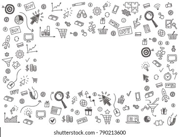 Vector concept of online business. Set of hand drawn internet marketing items and elements on blue background.