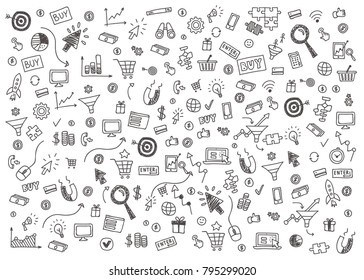 Vector concept of online business. Set of hand drawn internet marketing items and elements on blue background.
