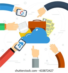 Vector concept online cloud storage. Two workers from smartphone and computer use a cloud storage documentation. Flat style. Web infographics