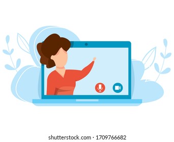 Vector concept of online education. Distance learning. Teacher on laptop explains a distance online lesson. Concept of self education. Graduation and web courses. Internet webinar.