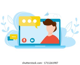 Vector concept of online education. Distance learning. Teacher on laptop explains a distance online lesson. Concept of self education. Graduation and web courses. Internet webinar.