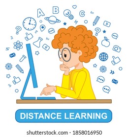 Concepto vectorial de educación en línea, aprendizaje a distancia. Personaje al estilo de las caricaturas. Un muchacho de cabello rojo y rizado en la computadora hace su tarea.