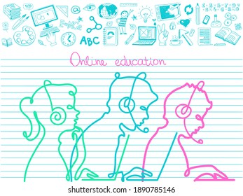 Vector. The concept of online education. E-learning. Silhouettes of teenagers studying school subjects surrounded by education icons.