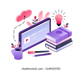 Vector concept for online education  Flat 3d isometric design  Online training courses  retraining  specialization  tutorials  Can be used for web design  banners  promotional materials etc 
