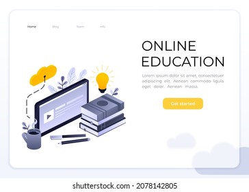 Vector concept for online education. Flat 3d isometric design. Online training courses, retraining, specialization, tutorials. Glassmorphism landing page concept.