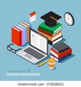  Vector concept for online education. Flat 3d isometric design. Online training courses,  retraining, specialization, tutorials. Can be used for web design, banners, promotional materials etc.