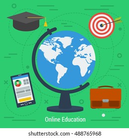 Vector concept online education. Globe, eBook and other icons for studying on green square line background. Banner for schools, universities or remote training in flat style
