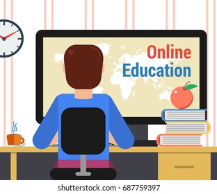 Vector concept of online education. Man sitting at home with computer and getting distance education. Books with apple and cup of coffee on table