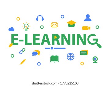 Vector concept of online learning. E-learning. New trends in teaching over the Internet, online webinars, courses, consultations, etc. Search for new systems and trends in training. Color illustration