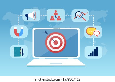 Vector concept for online marketing, using technology, internet communication, social networking