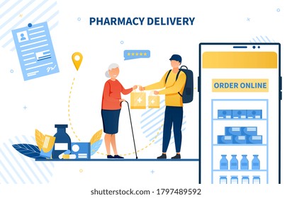 Vector Concept Of Online Pharmacy Prescription Delivery . Courier Delivers Medicine To Elderly Woman