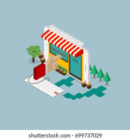 Vector concept of online shop with hand , keyboard, tablet for web, game ,Creative poster, booklet, leaflet, flyer, magazine, invitation card