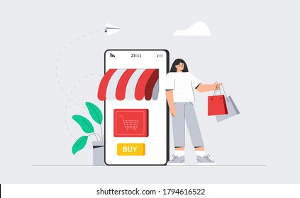 Vector concept online shopping with characters. Woman with shopping bags standing next to a large phone and shopping online. Store in your phone. Flat design vector.