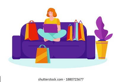 Vector concept of online shopping, delivery. A young woman, with a laptop sits on a modern blue couch with shopping bags around her and on the floor. Cartoon flat style.