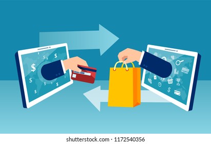 Vector concept online shopping at home using tablet computer paying with credit card