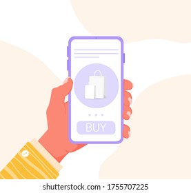 Vector concept of online shopping without leaving home. Order food and clothes from a smartphone. Purple phone in a hand with a yellow sleeve. Stock template for website and application design.