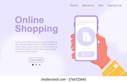 Vector concept of online shopping without leaving home. Order food and clothes from a smartphone. Purple phone in a hand with a yellow sleeve. Stock template for website and application design.