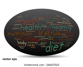 Vector concept oval or ellipse abstract word cloud on black background as metaphor for health, nutrition, diet, wellness, body, energy, medical, fitness, medical, gym, medicine, sport heart or science