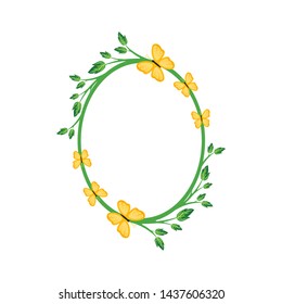 Vector concept oval green frame with yellow butterfly . Blank template to decorate the image and photo. Modern elegant graphic design.