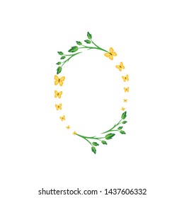 Vector concept oval green frame with yellow butterfly . Blank template to decorate the image and photo. Modern elegant graphic design.