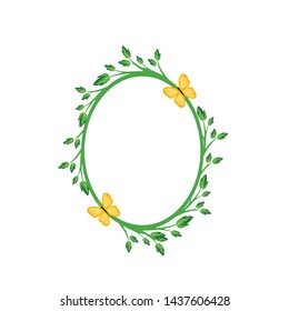 Vector concept oval green frame with yellow butterfly . Blank template to decorate the image and photo. Modern elegant graphic design.