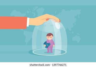 Vector Concept Of An Overprotective Mother Keeping A Child In A Glass Dome