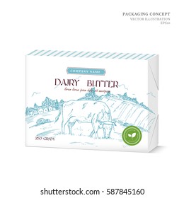 Vector Concept For Packaging Design For Dairy Butter. Soft Paper Box Template With Scene Of Rustic Landscape With Cow And Meadows In Woodcut Style.