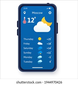 Vector concept of paper cut weather. Weather forecast application on smartphone. Night concept with temperature. Cartoon flat illustration that can be used for websites and web banners.