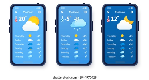 Vector Concept Of Paper Cut Weather. Weather Forecast Application On Smartphone. The Concept Of A Night, Sunny And Snowy Day. Cartoon Flat Illustration.