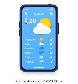 Vector concept of paper cut weather. Weather forecast application on smartphone. Sunny day concept with temperature.. Cartoon flat illustration that can be used for websites and web banners.
