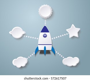 Vector concept of paper cutout project infographic with rocket and sky in open space.