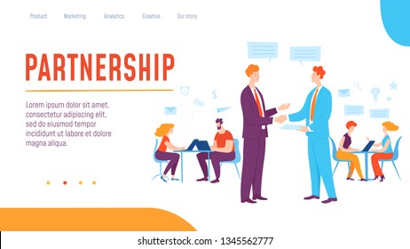 Vector concept partnership creative business illustration. People make decisions, shake hands and make solutions and agreements. Great design for presentation, web, internet, advertisment.