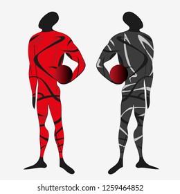 Vector concept pattern for sportswear. Two symmetrical men athletes with a ball in a hand in trousers and a long-sleeve t-shirt with abstract gray, white and red waves and lines
