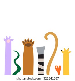 Vector concept. Paws of different animals in the line up. Background
