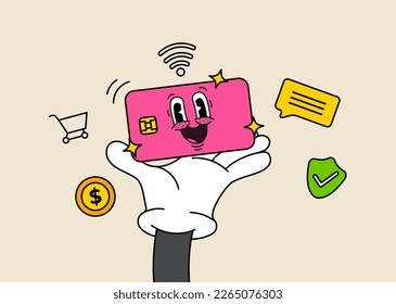 Vector concept of payment methods in old cartoon concept. Using credit card for payment. Online shopping concept. Vector illustration concept